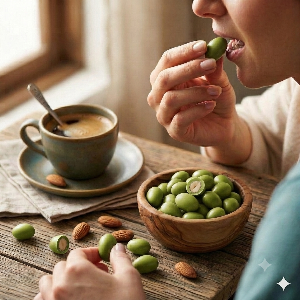 Almendra Cubierta de Chocolate Blanco con Matcha