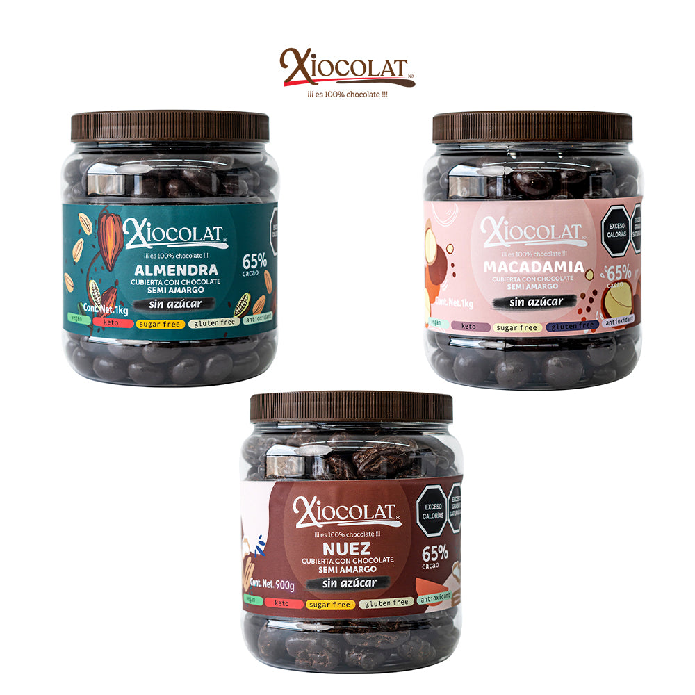 Mix Vitroleros: Almendra, Macadamia y Nuez con Chocolate Sin Azúcar (3 Vitroleros)